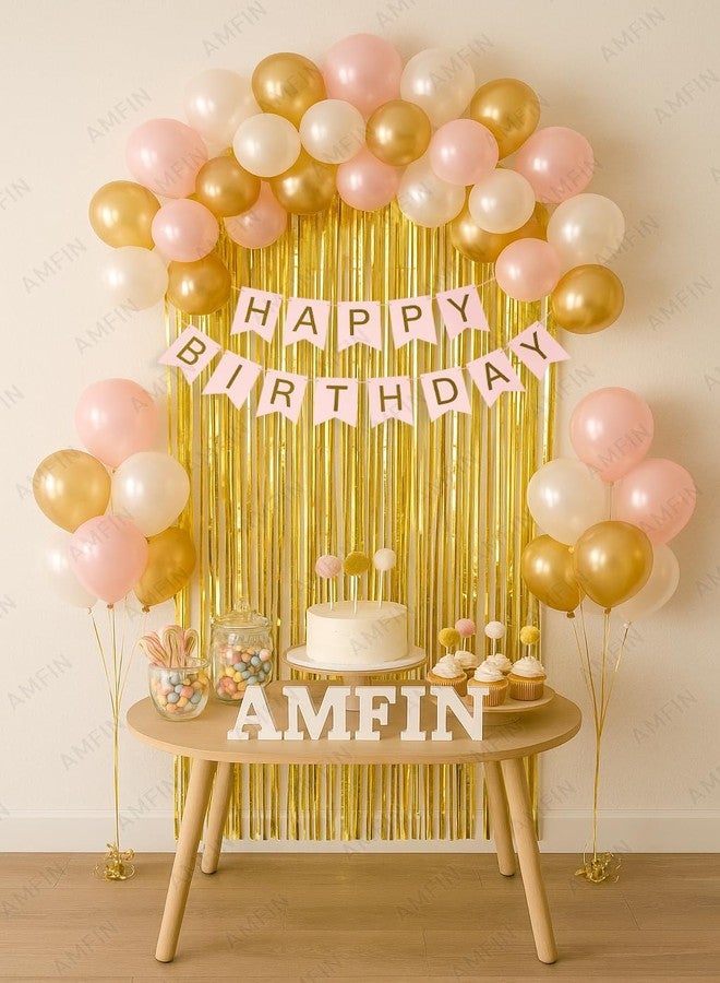 AMFIN (Pack of 34) Backdrop Bliss Birthday Decoration DIY Kit with Balloons, Fringe Curtain and Banner - Light Pink, Gold & White - Image 1